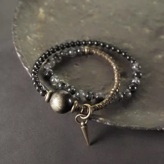 Black Obsidian & Rutilated Quartz Bracelet