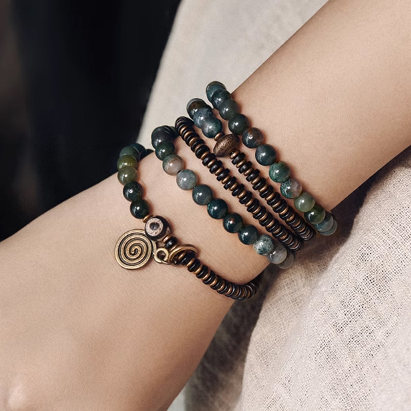 "Emerald River" Moss Agate & Copper Multi-Strand Bracelet