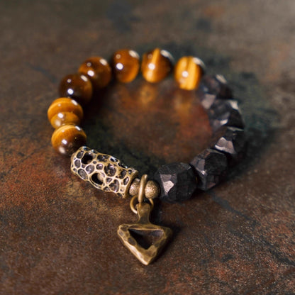 "Shadow & Flame" Ebony Wood & Tiger's Eye Bracelet – Earth's Duality in Balance