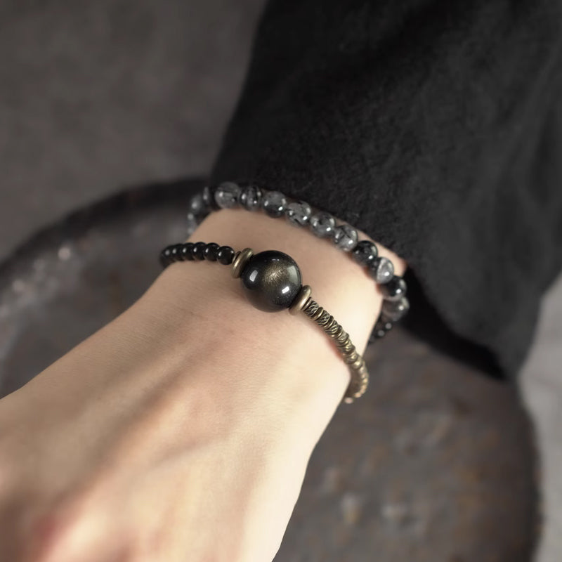 Black Obsidian & Rutilated Quartz Bracelet