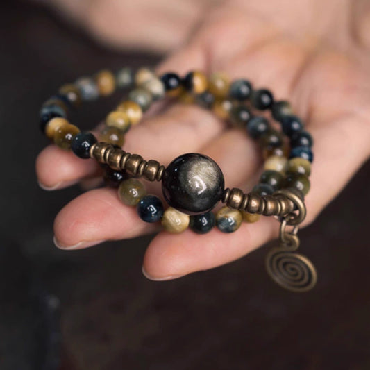 "Golden Guardian" Double Wrap Tiger's Eye & Golden Obsidian Bracelet