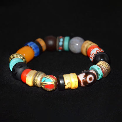 Three-Eyed Dzi Bead Multi-Gem Bracelet