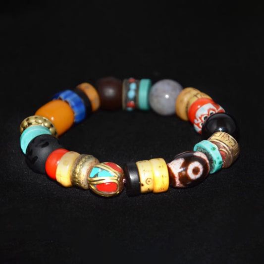 Three-Eyed Dzi Bead Multi-Gem Bracelet