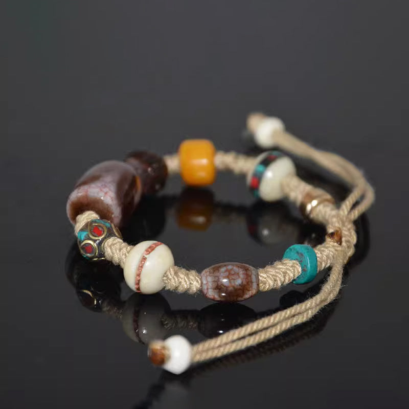 Blood Vein Dragon Pattern Tiger Tooth Dzi Bead Bracelet