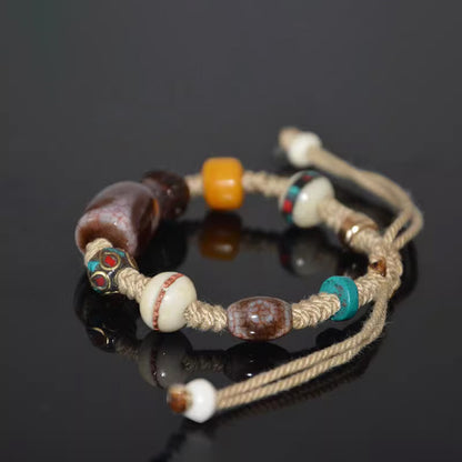 Blood Vein Dragon Pattern Tiger Tooth Dzi Bead Bracelet