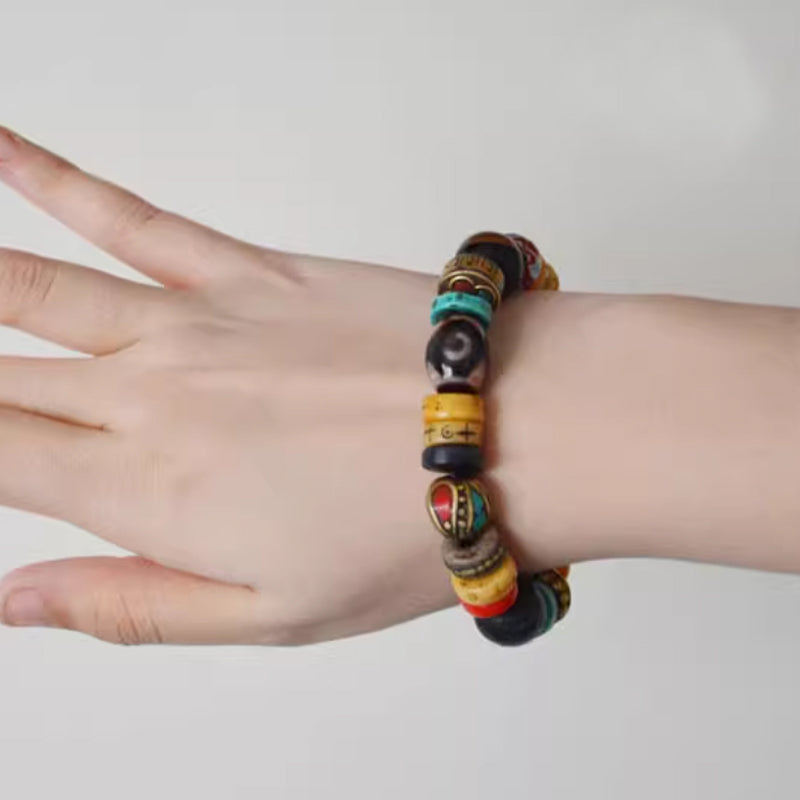 Three-Eyed Dzi Bead Multi-Gem Bracelet
