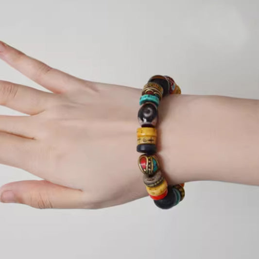 Three-Eyed Dzi Bead Multi-Gem Bracelet